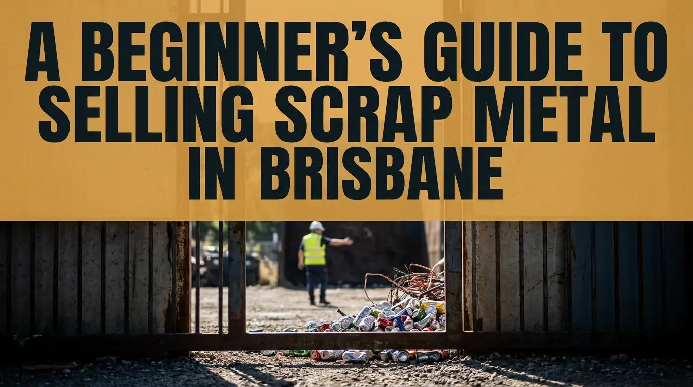"A Beginner's Guide to Selling Scrap Metal in Brisbane" banner over a scrapyard gate, with a worker in hi-vis and a pile of scrap metal and cans visible through the entrance.
