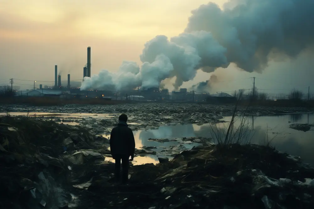 Industrial pollution and landfill waste illustrating the environmental consequences of poor waste management and the importance of sustainable scrap metal recycling practices.