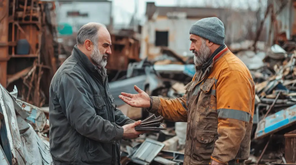 Customer completing a scrap metal transaction with a licensed recycler at a scrap yard in Adelaide.