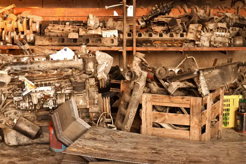 Old engine parts and machinery sorted for scrap Shelves and floor of a workshop crowded with old engine parts, cylinder heads and machinery pieces waiting to be sorted for scrap
