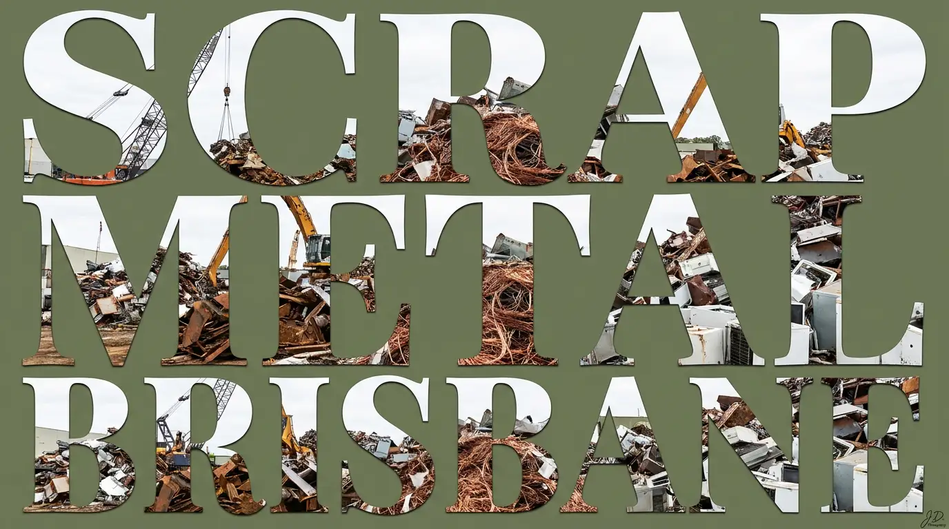 Text reading "Scrap Metal Brisbane" filled with photos of scrap metal piles, cranes, and machinery at a scrapyard, on an olive green background.