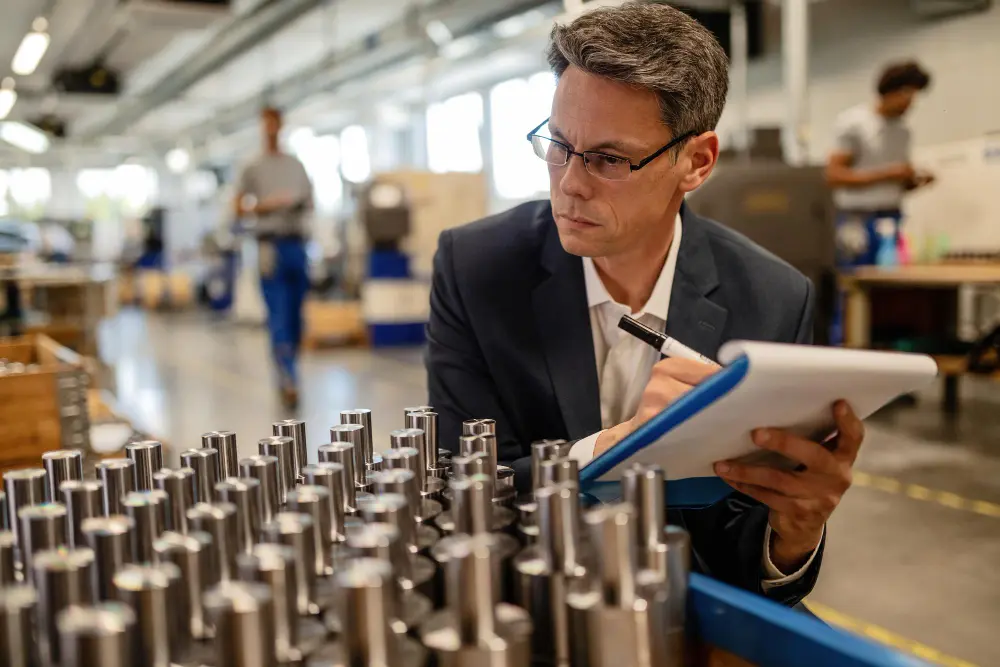 Professional inspecting and grading metal components at a recycling and manufacturing facility before processing in Adelaide.