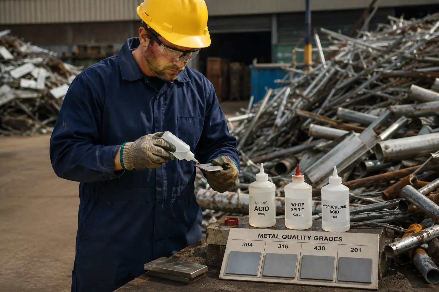 Technician testing and grading scrap metal samples at a licensed recycling facility to determine metal quality and value in Adelaide.