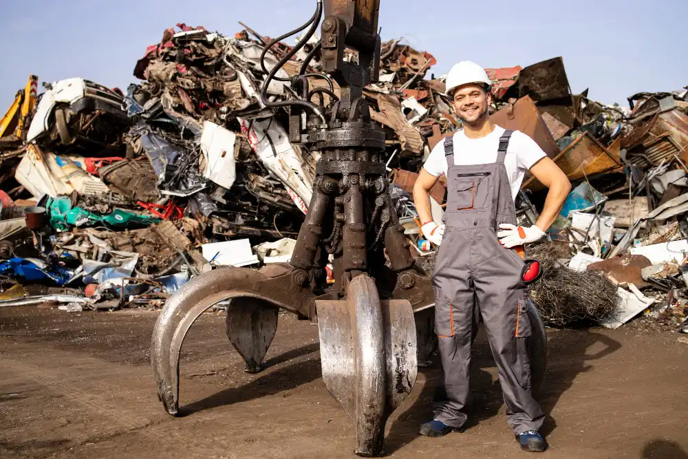 Scrap metal recycling yard in Adelaide with a worker and sorted metal ready for processing to maximise scrap metal value.