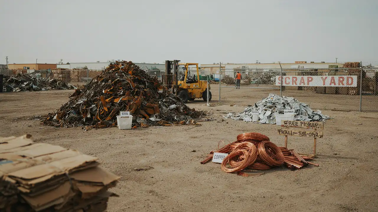 Scrap yard with separate labelled piles of steel, aluminium and copper coil, a free pickup sign and a forklift in the background