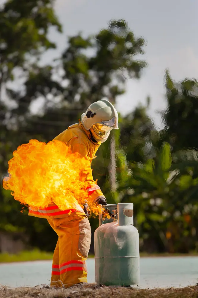 Emergency responder handling a burning gas cylinder, demonstrating why pressurised cylinders require special disposal before scrap metal recycling in Adelaide.